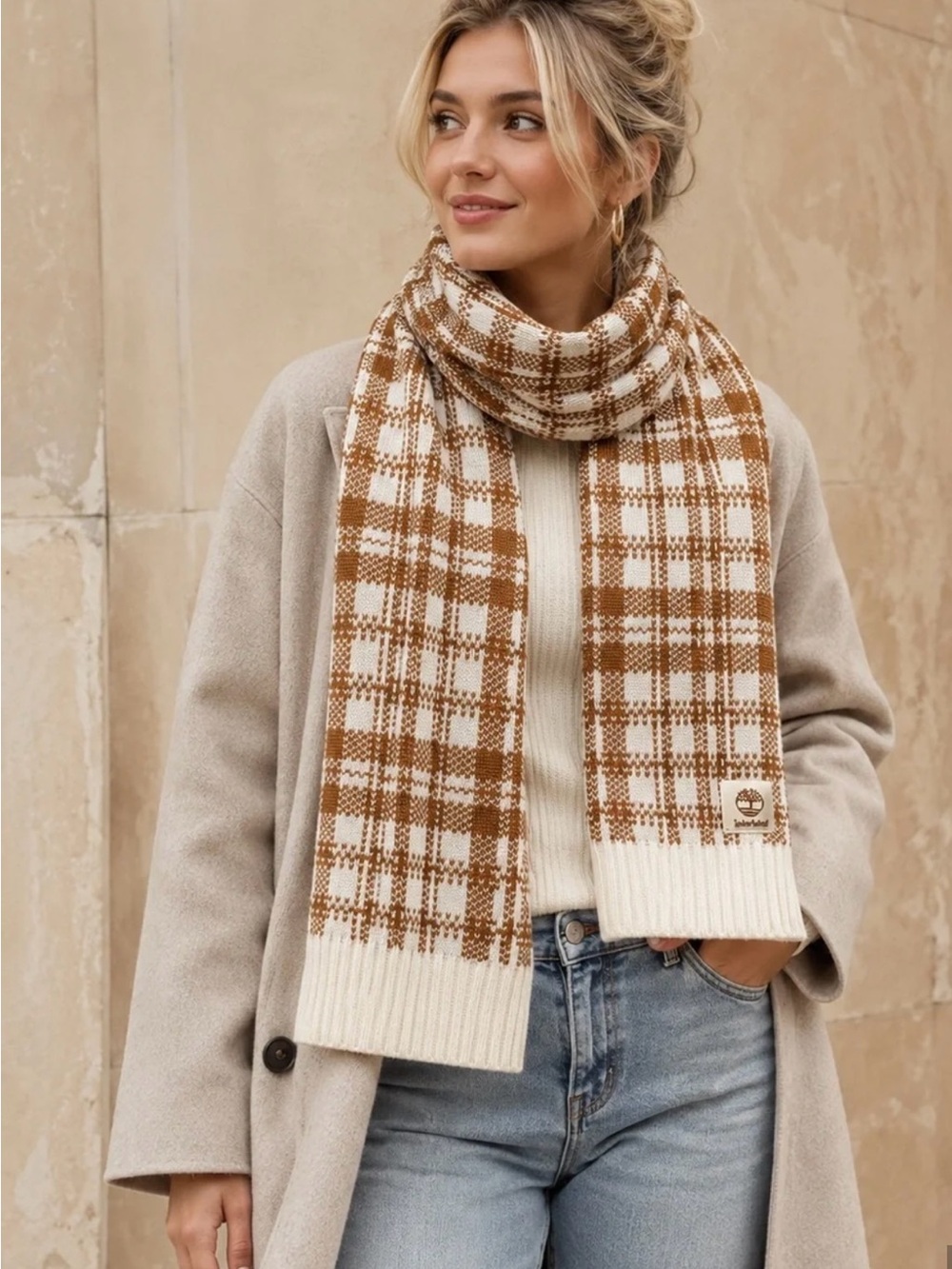 Timberland Plaid Knit Scarf Brown Tan Cream Checkered Logo